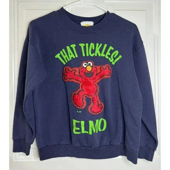 Vintage 90s Sesame Street That Tickles! Elmo Sweatshirt Blue Unisex Youth Large - Picture 2 of 9
